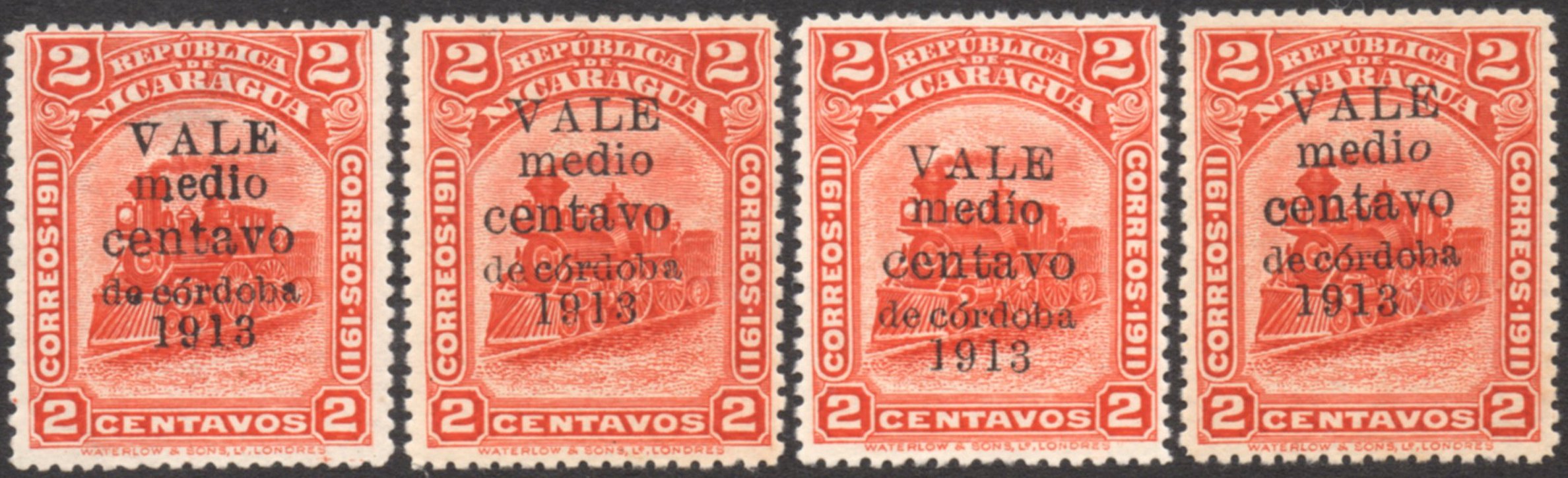 Nicaragua stamps 1913 surcharges Locomotive medio centavo Varieties on the word medio